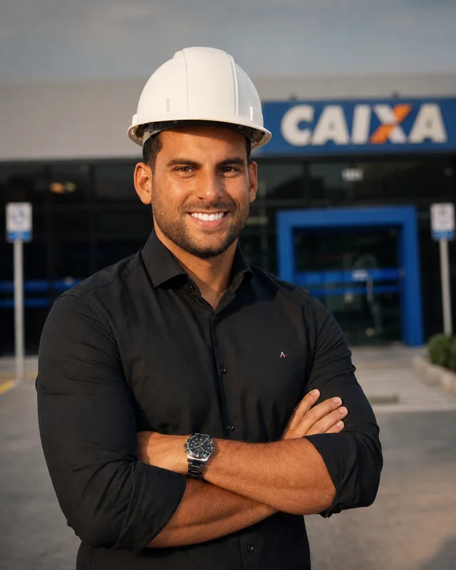 Gabriel Soares de capacete em frente à Caixa Econômica